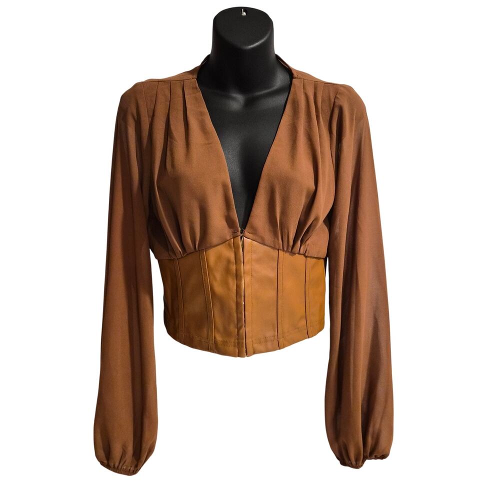 HYFVE Vegan Leather Corset Crop Top Long Bishop Sleeve Blouse Brown Small
